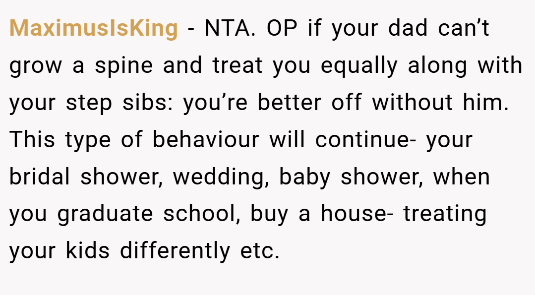 MaximusIsKing − NTA. OP if your dad can’t grow a spine and treat you equally along with your step sibs: you’re better off without him. This type of behaviour will continue- your bridal shower, wedding, baby shower, when you graduate school, buy a house- treating your kids differently etc.
