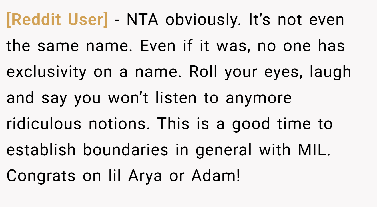 [Reddit User] - NTA obviously. It’s not even the same name. Even if it was, no one has exclusivity on a name. Roll your eyes, laugh and say you won’t listen to anymore ridiculous notions. This is a good time to establish boundaries in general with MIL. Congrats on lil Arya or Adam!