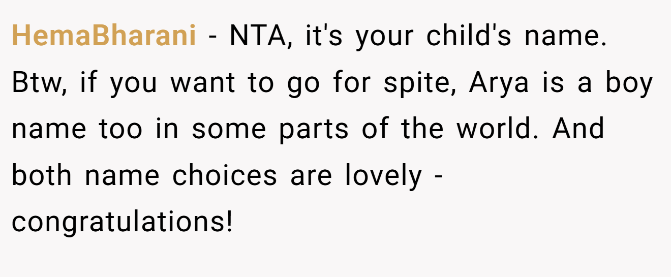 HemaBharani - NTA, it's your child's name. Btw, if you want to go for spite, Arya is a boy name too in some parts of the world. And both name choices are lovely - congratulations!