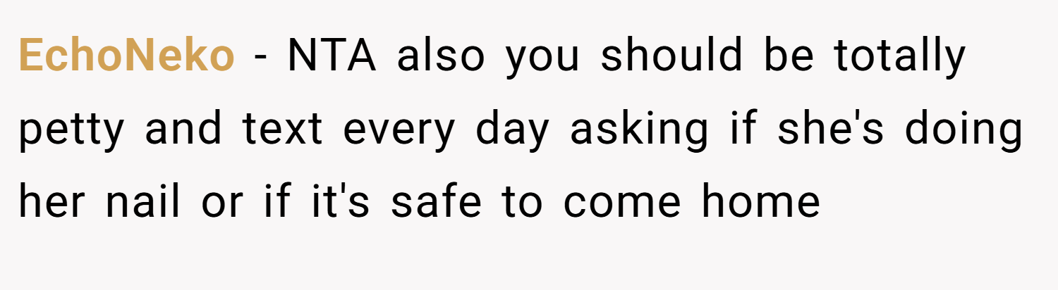 EchoNeko − NTA also you should be totally petty and text every day asking if she's doing her nail or if it's safe to come home