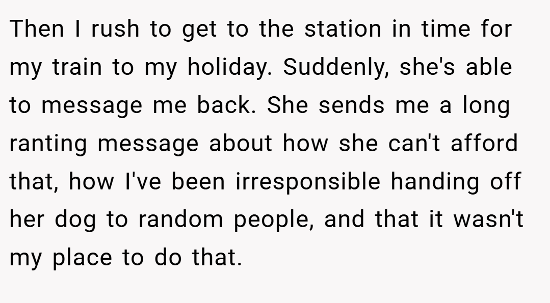 Then I rush to get to the station in time for my train to my holiday. Suddenly, she's able to message me back. She sends me a long ranting message about how she can't afford that, how I've been irresponsible handing off her dog to random people, and that it wasn't my place to do that.