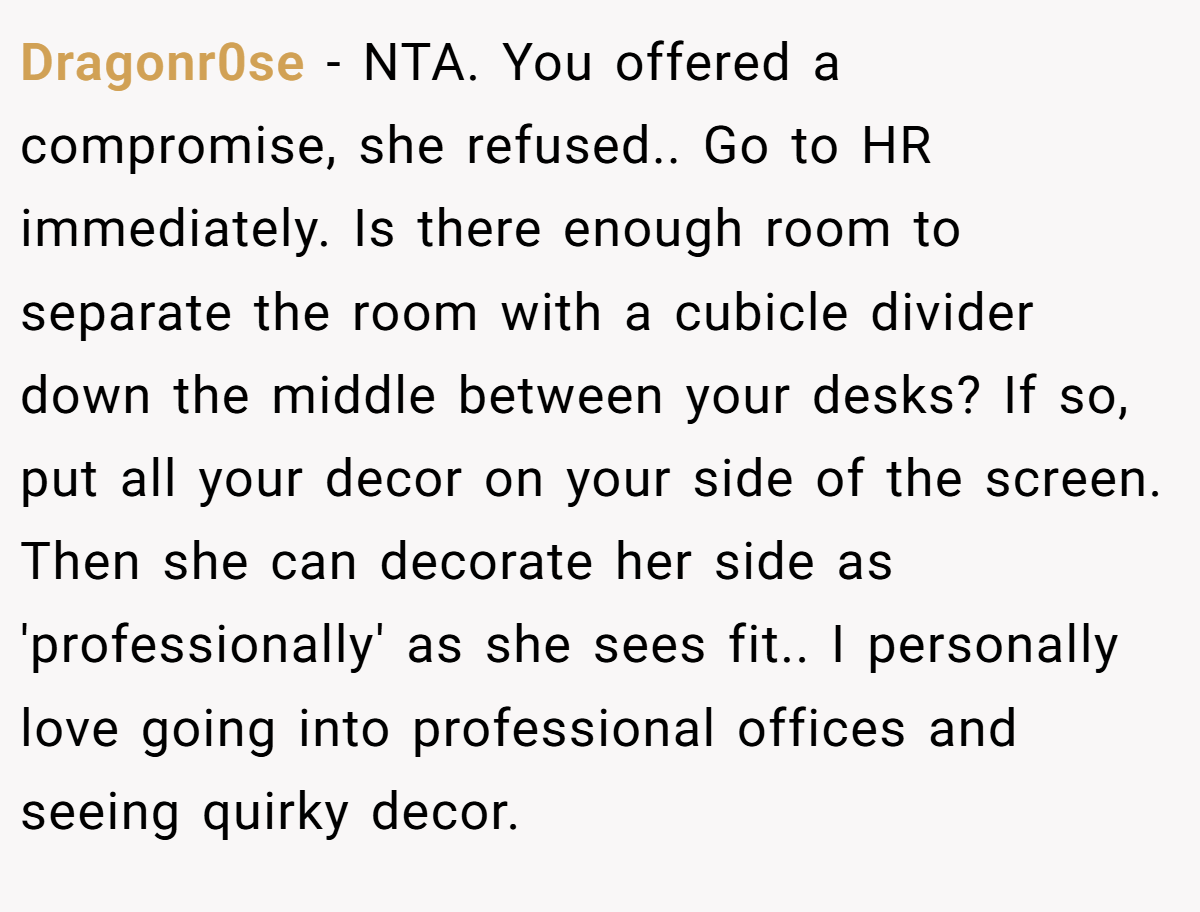 Dragonr0se − NTA. You offered a compromise, she refused.. Go to HR immediately. Is there enough room to separate the room with a cubicle divider down the middle between your desks? If so, put all your decor on your side of the screen. Then she can decorate her side as 'professionally' as she sees fit.. I personally love going into professional offices and seeing quirky decor.