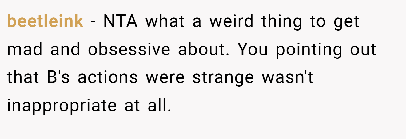 beetleink − NTA what a weird thing to get mad and obsessive about. You pointing out that B's actions were strange wasn't inappropriate at all.