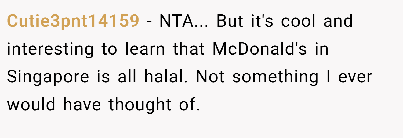 Cutie3pnt14159 − NTA... But it's cool and interesting to learn that McDonald's in Singapore is all halal. Not something I ever would have thought of.