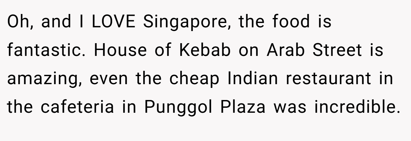 Oh, and I LOVE Singapore, the food is fantastic. House of Kebab on Arab Street is amazing, even the cheap Indian restaurant in the cafeteria in Punggol Plaza was incredible.