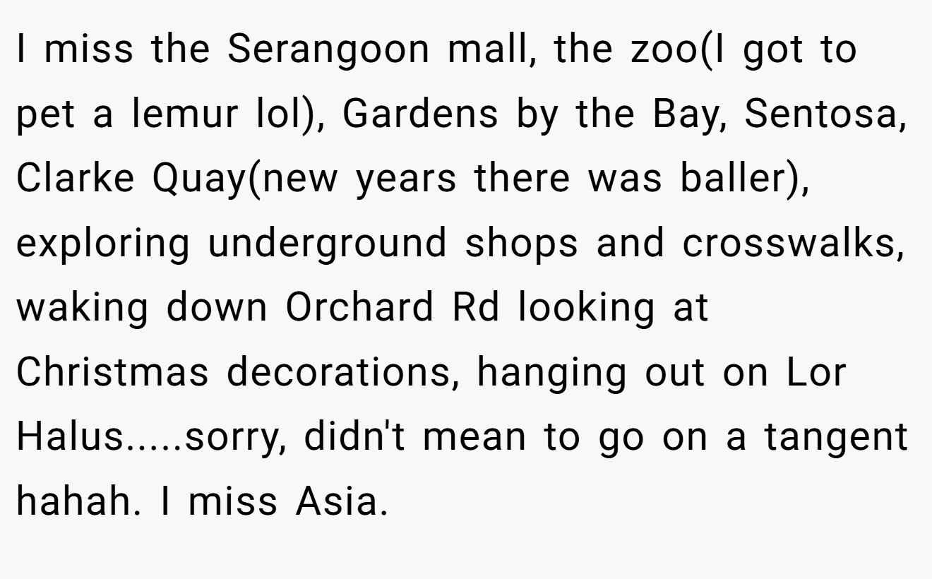 I miss the Serangoon mall, the zoo(I got to pet a lemur lol), Gardens by the Bay, Sentosa, Clarke Quay(new years there was baller), exploring underground shops and crosswalks, waking down Orchard Rd looking at Christmas decorations, hanging out on Lor Halus.....sorry, didn't mean to go on a tangent hahah. I miss Asia.