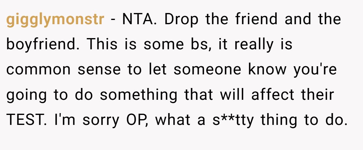 gigglymonstr − NTA. Drop the friend and the boyfriend. This is some bs, it really is common sense to let someone know you're going to do something that will affect their TEST. I'm sorry OP, what a s**tty thing to do.