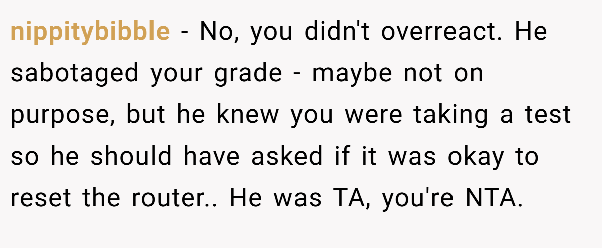 nippitybibble − No, you didn't overreact. He sabotaged your grade - maybe not on purpose, but he knew you were taking a test so he should have asked if it was okay to reset the router.. He was TA, you're NTA.