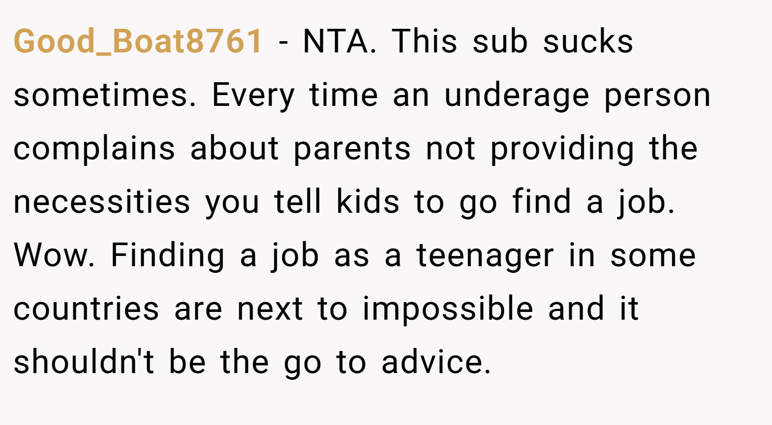 Good_Boat8761 − NTA. This sub sucks sometimes. Every time an underage person complains about parents not providing the necessities you tell kids to go find a job. Wow. Finding a job as a teenager in some countries are next to impossible and it shouldn't be the go to advice.