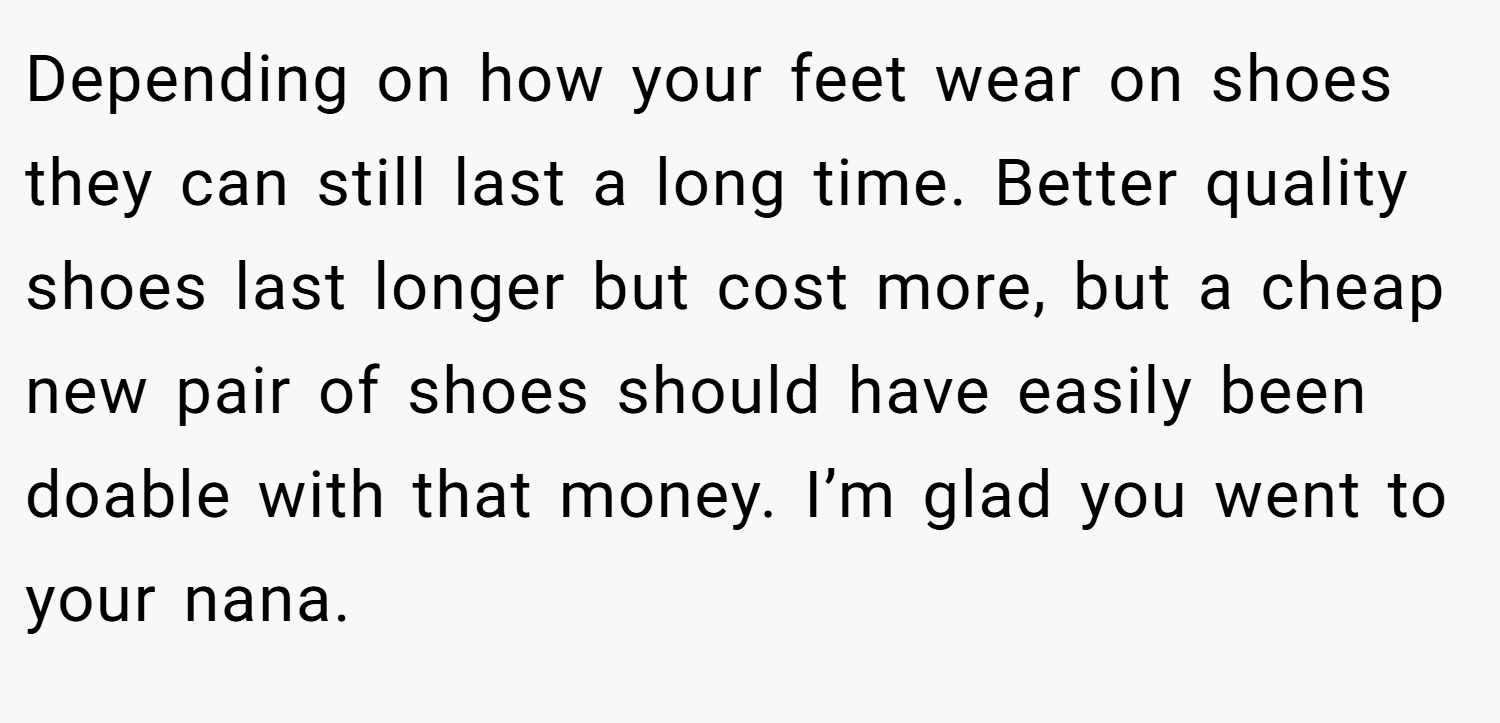Depending on how your feet wear on shoes they can still last a long time. Better quality shoes last longer but cost more, but a cheap new pair of shoes should have easily been doable with that money. I’m glad you went to your nana.