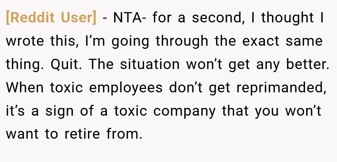 [Reddit User] − NTA- for a second, I thought I wrote this, I’m going through the exact same thing. Quit. The situation won’t get any better. When toxic employees don’t get reprimanded, it’s a sign of a toxic company that you won’t want to retire from.