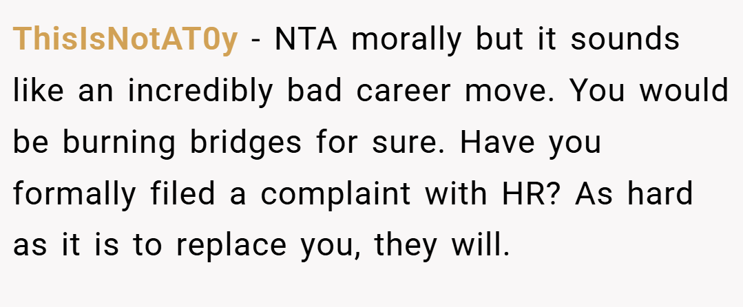 ThisIsNotAT0y − NTA morally but it sounds like an incredibly bad career move. You would be burning bridges for sure. Have you formally filed a complaint with HR? As hard as it is to replace you, they will.