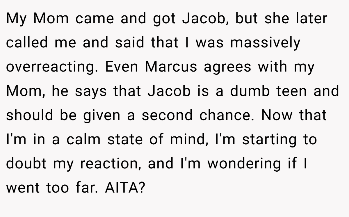 My Mom came and got Jacob, but she later called me and said that I was massively overreacting. Even Marcus agrees with my Mom, he says that Jacob is a dumb teen and should be given a second chance. Now that I'm in a calm state of mind, I'm starting to doubt my reaction, and I'm wondering if I went too far. AITA?
