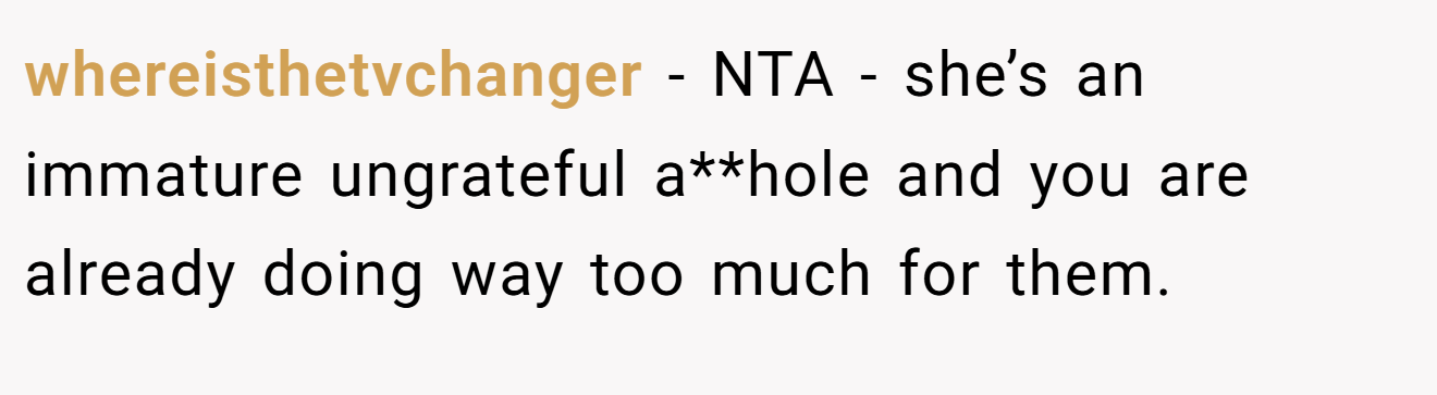 whereisthetvchanger − NTA - she’s an immature ungrateful a**hole and you are already doing way too much for them.