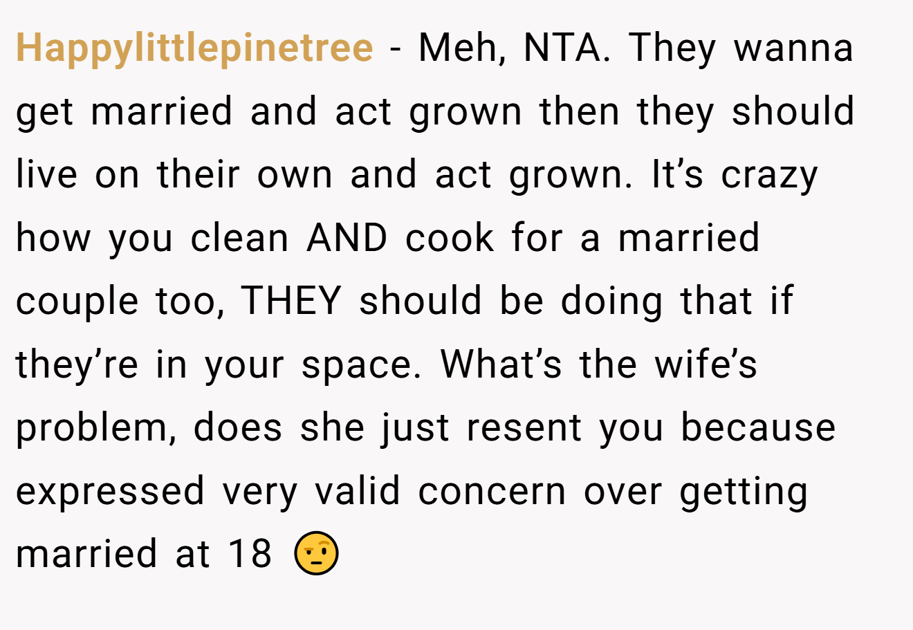 Happylittlepinetree − Meh, NTA. They wanna get married and act grown then they should live on their own and act grown. It’s crazy how you clean AND cook for a married couple too, THEY should be doing that if they’re in your space. What’s the wife’s problem, does she just resent you because expressed very valid concern over getting married at 18 🤨