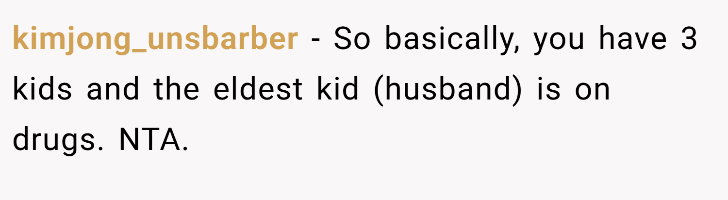 kimjong_unsbarber − So basically, you have 3 kids and the eldest kid (husband) is on drugs. NTA.
