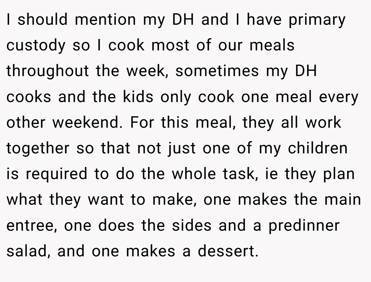 I should mention my DH and I have primary custody so I cook most of our meals throughout the week, sometimes my DH cooks and the kids only cook one meal every other weekend. For this meal, they all work together so that not just one of my children is required to do the whole task, ie they plan what they want to make, one makes the main entree, one does the sides and a predinner salad, and one makes a dessert.