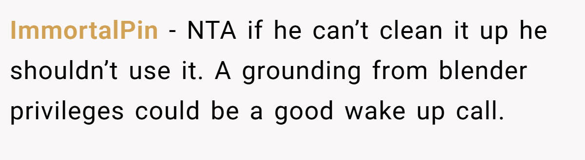 ImmortalPin − NTA if he can’t clean it up he shouldn’t use it. A grounding from blender privileges could be a good wake up call.