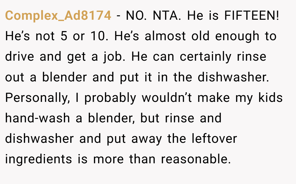Complex_Ad8174 − NO. NTA. He is FIFTEEN! He’s not 5 or 10. He’s almost old enough to drive and get a job. He can certainly rinse out a blender and put it in the dishwasher. Personally, I probably wouldn’t make my kids hand-wash a blender, but rinse and dishwasher and put away the leftover ingredients is more than reasonable.
