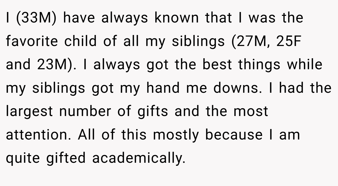 I (33M) have always known that I was the favorite child of all my siblings (27M, 25F and 23M). I always got the best things while my siblings got my hand me downs. I had the largest number of gifts and the most attention. All of this mostly because I am quite gifted academically.