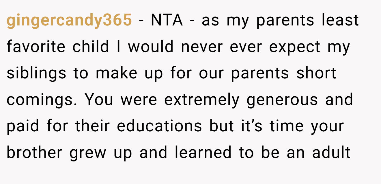 gingercandy365 − NTA - as my parents least favorite child I would never ever expect my siblings to make up for our parents short comings. You were extremely generous and paid for their educations but it’s time your brother grew up and learned to be an adult