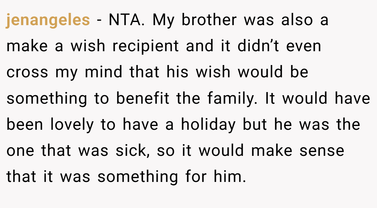 jenangeles − NTA. My brother was also a make a wish recipient and it didn’t even cross my mind that his wish would be something to benefit the family. It would have been lovely to have a holiday but he was the one that was sick, so it would make sense that it was something for him.