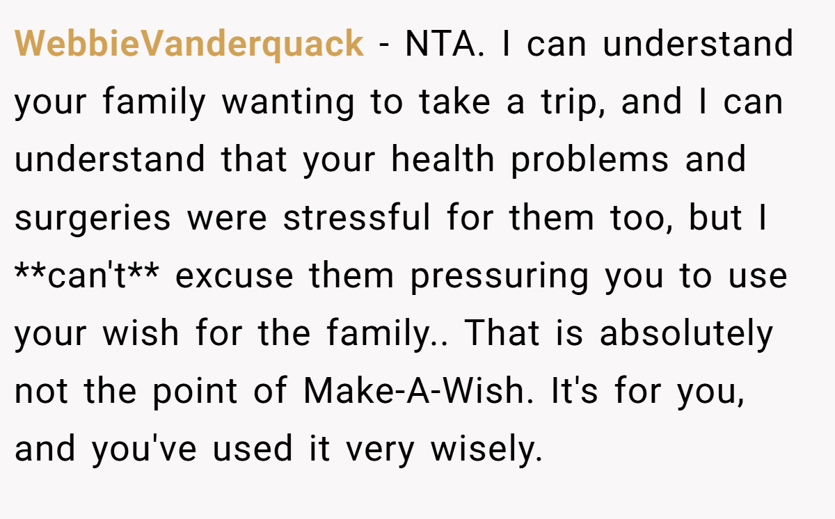 WebbieVanderquack − NTA. I can understand your family wanting to take a trip, and I can understand that your health problems and surgeries were stressful for them too, but I **can't** excuse them pressuring you to use your wish for the family.. That is absolutely not the point of Make-A-Wish. It's for you, and you've used it very wisely.