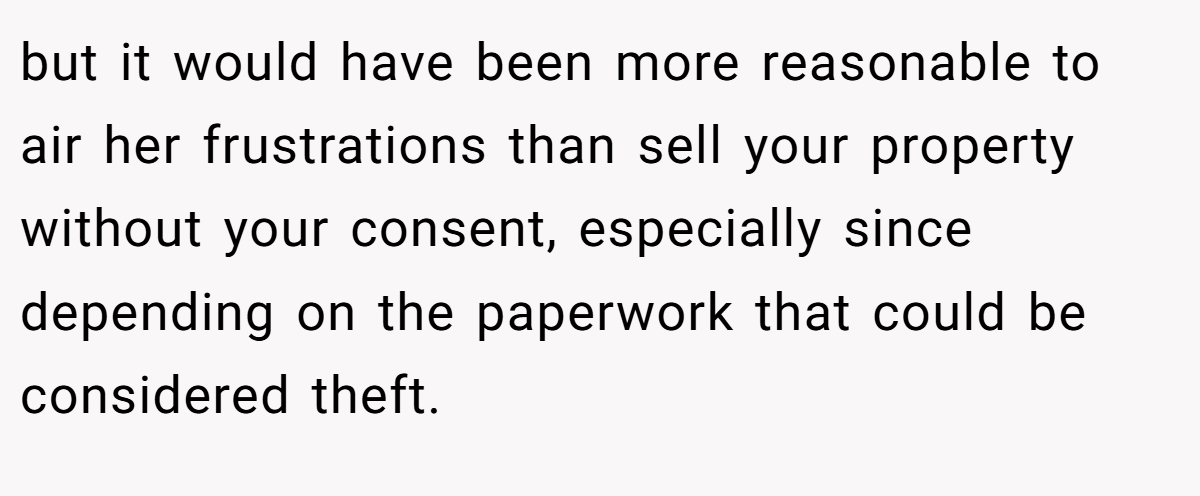 but it would have been more reasonable to air her frustrations than sell your property without your consent, especially since depending on the paperwork that could be considered theft.