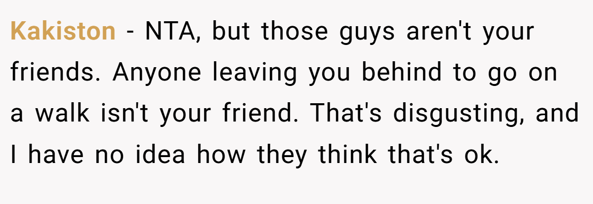 Kakiston − NTA, but those guys aren't your friends. Anyone leaving you behind to go on a walk isn't your friend. That's disgusting, and I have no idea how they think that's ok.