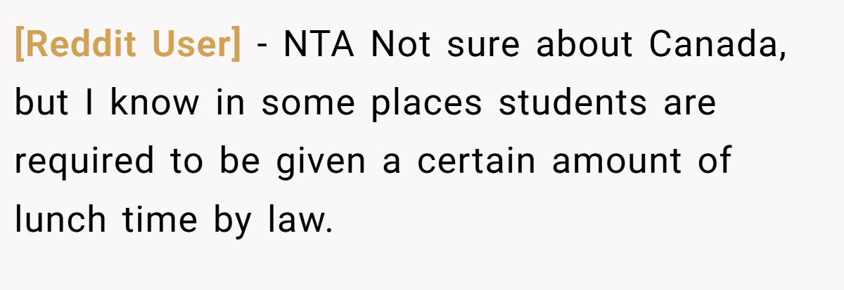 [Reddit User] − NTA Not sure about Canada, but I know in some places students are required to be given a certain amount of lunch time by law.