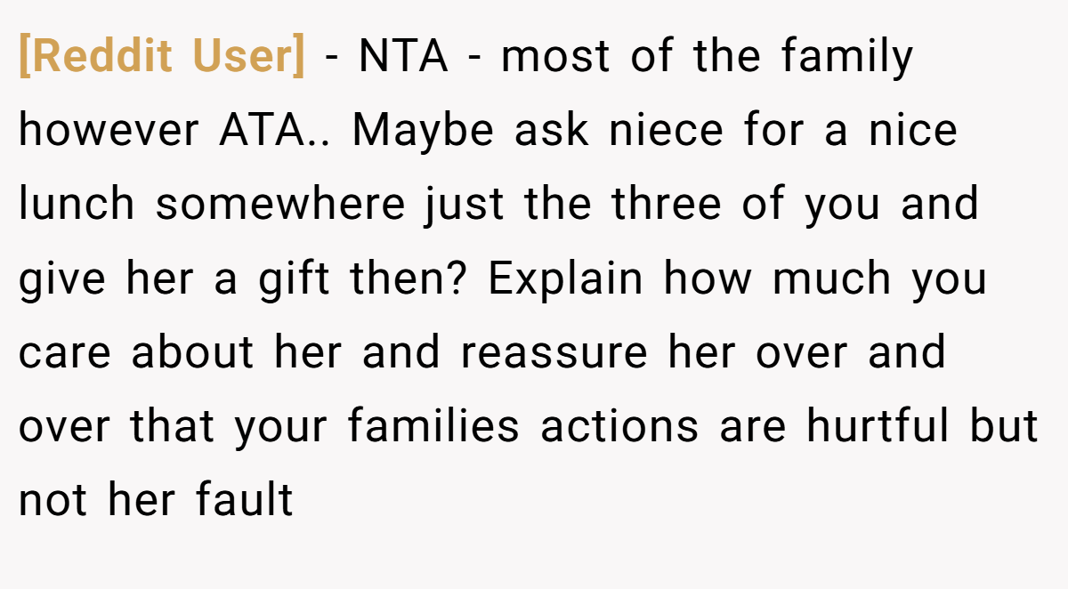 [Reddit User] − NTA - most of the family however ATA.. Maybe ask niece for a nice lunch somewhere just the three of you and give her a gift then? Explain how much you care about her and reassure her over and over that your families actions are hurtful but not her fault