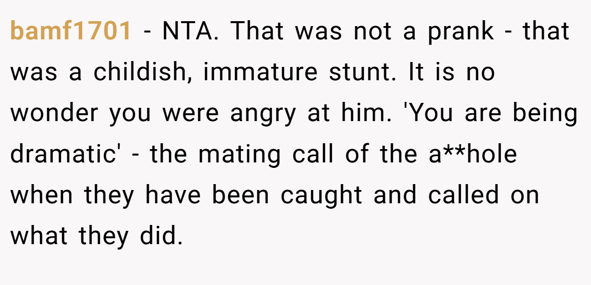 bamf1701 − NTA. That was not a prank - that was a childish, immature stunt. It is no wonder you were angry at him. 'You are being dramatic' - the mating call of the a**hole when they have been caught and called on what they did.