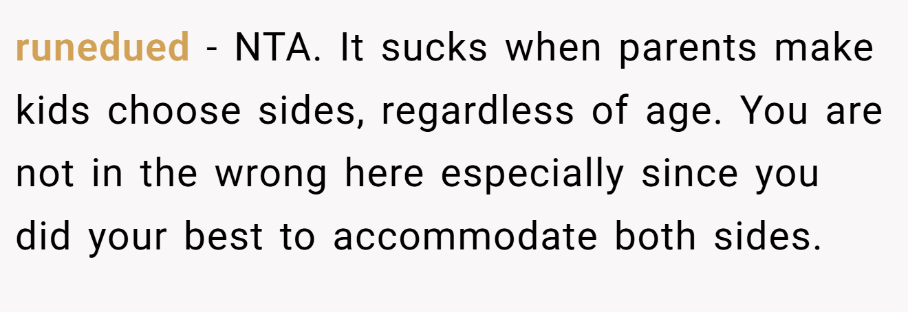 runedued - NTA. It sucks when parents make kids choose sides, regardless of age. You are not in the wrong here especially since you did your best to accommodate both sides.
