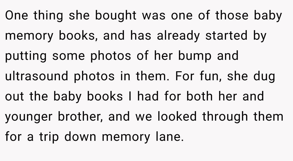 One thing she bought was one of those baby memory books, and has already started by putting some photos of her bump and ultrasound photos in them. For fun, she dug out the baby books I had for both her and younger brother, and we looked through them for a trip down memory lane.