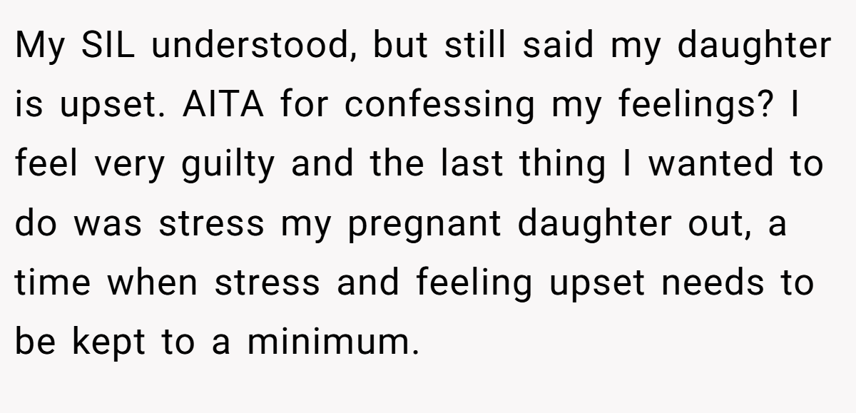 My SIL understood, but still said my daughter is upset. AITA for confessing my feelings? I feel very guilty and the last thing I wanted to do was stress my pregnant daughter out, a time when stress and feeling upset needs to be kept to a minimum.