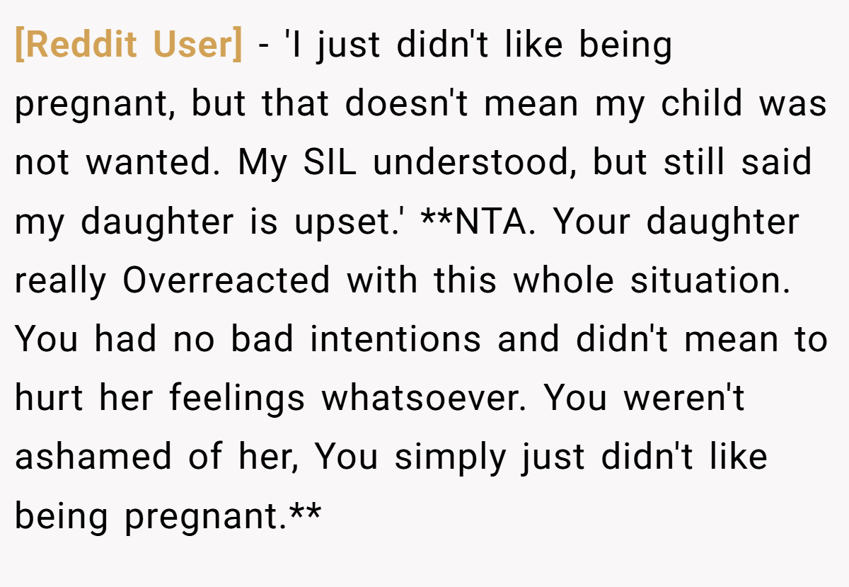 [Reddit User] − 'I just didn't like being pregnant, but that doesn't mean my child was not wanted. My SIL understood, but still said my daughter is upset.' **NTA. Your daughter really Overreacted with this whole situation. You had no bad intentions and didn't mean to hurt her feelings whatsoever. You weren't ashamed of her, You simply just didn't like being pregnant.**