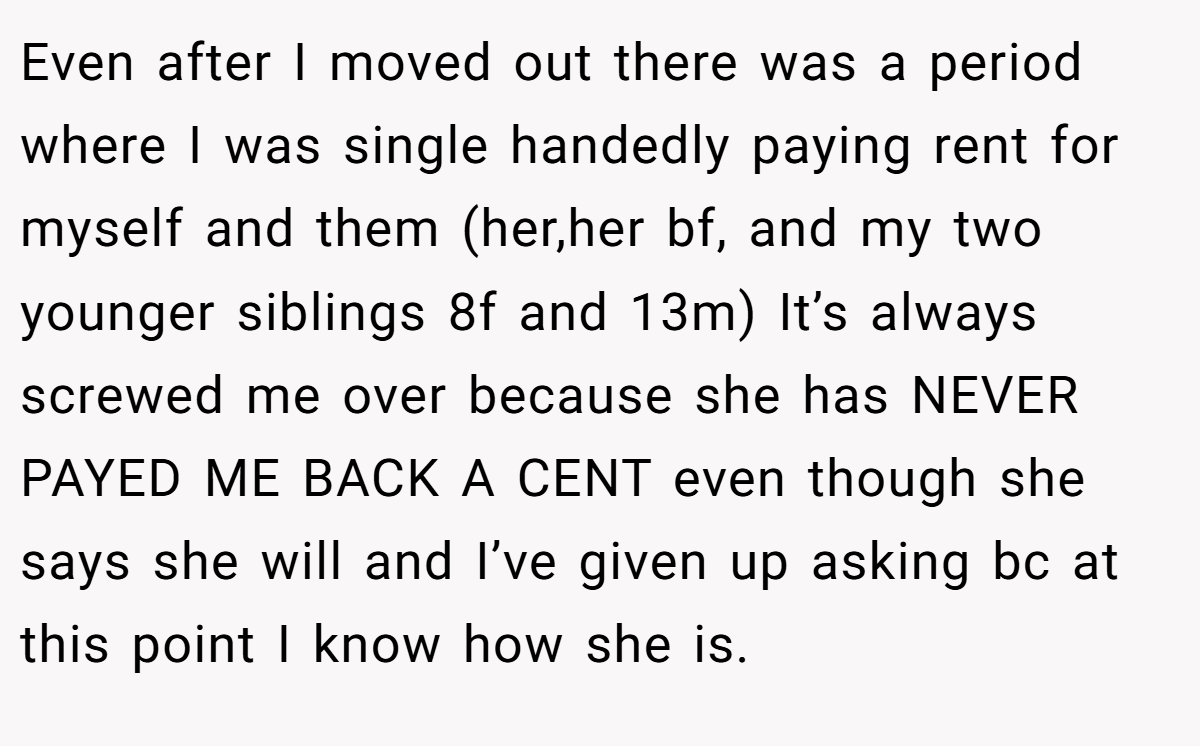 Even after I moved out there was a period where I was single handedly paying rent for myself and them (her,her bf, and my two younger siblings 8f and 13m) It’s always screwed me over because she has NEVER PAYED ME BACK A CENT even though she says she will and I’ve given up asking bc at this point I know how she is.