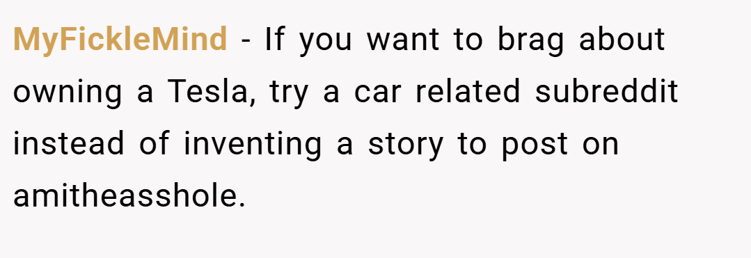 MyFickleMind − If you want to brag about owning a Tesla, try a car related subreddit instead of inventing a story to post on amitheasshole.