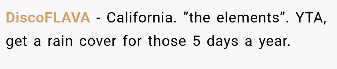 DiscoFLAVA − California. ”the elements”. YTA, get a rain cover for those 5 days a year.