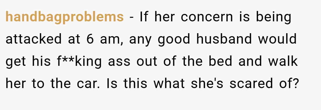 handbagproblems − If her concern is being attacked at 6 am, any good husband would get his f**king ass out of the bed and walk her to the car. Is this what she's scared of?