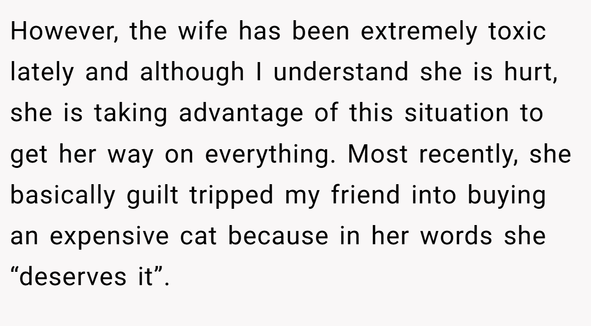However, the wife has been extremely toxic lately and although I understand she is hurt, she is taking advantage of this situation to get her way on everything. Most recently, she basically guilt tripped my friend into buying an expensive cat because in her words she “deserves it”.