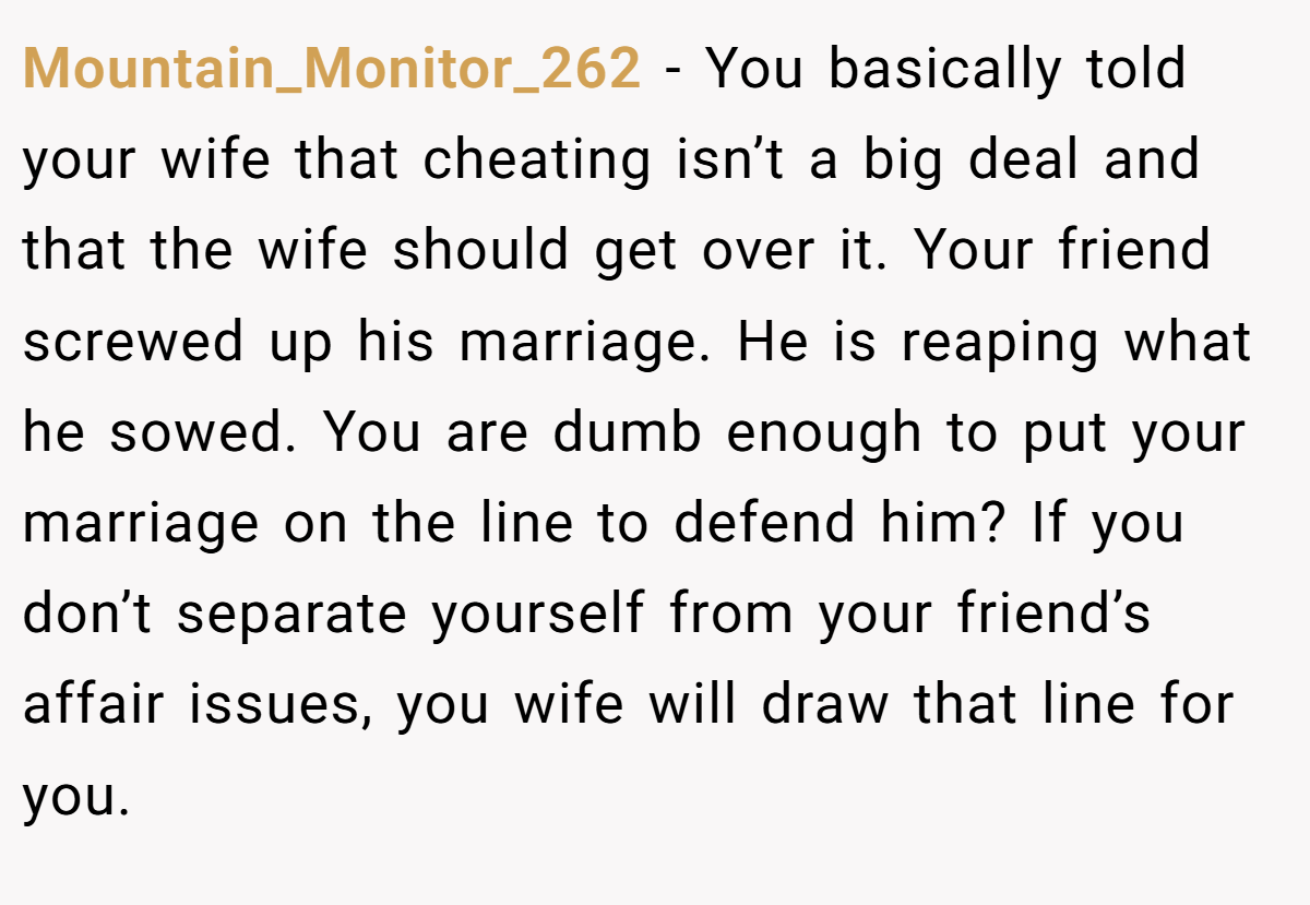 Mountain_Monitor_262 - You basically told your wife that cheating isn’t a big deal and that the wife should get over it. Your friend screwed up his marriage. He is reaping what he sowed. You are dumb enough to put your marriage on the line to defend him? If you don’t separate yourself from your friend’s affair issues, you wife will draw that line for you.
