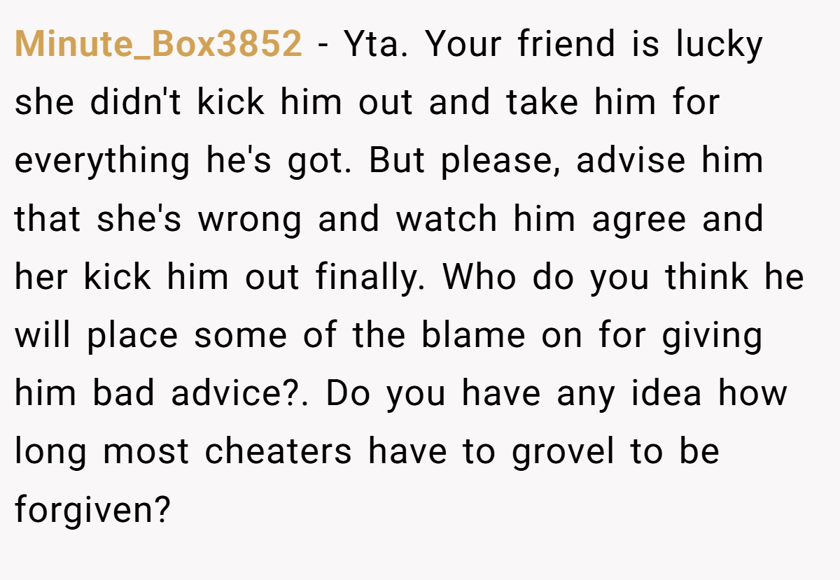 Minute_Box3852 - Yta. Your friend is lucky she didn't kick him out and take him for everything he's got. But please, advise him that she's wrong and watch him agree and her kick him out finally. Who do you think he will place some of the blame on for giving him bad advice?. Do you have any idea how long most cheaters have to grovel to be forgiven?