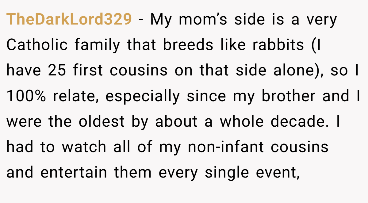TheDarkLord329 − My mom’s side is a very Catholic family that breeds like rabbits (I have 25 first cousins on that side alone), so I 100% relate, especially since my brother and I were the oldest by about a whole decade. I had to watch all of my non-infant cousins and entertain them every single event,