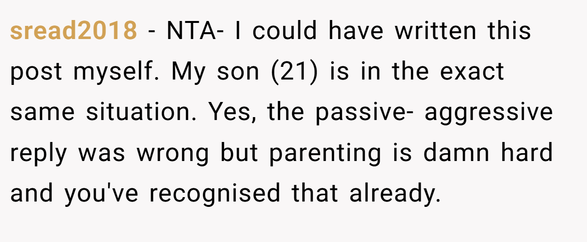 sread2018 − NTA- I could have written this post myself. My son (21) is in the exact same situation. Yes, the passive- aggressive reply was wrong but parenting is damn hard and you've recognised that already.