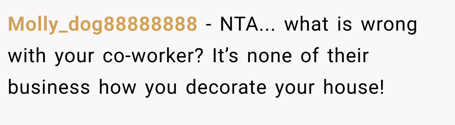 Molly_dog88888888 − NTA... what is wrong with your co-worker? It’s none of their business how you decorate your house!