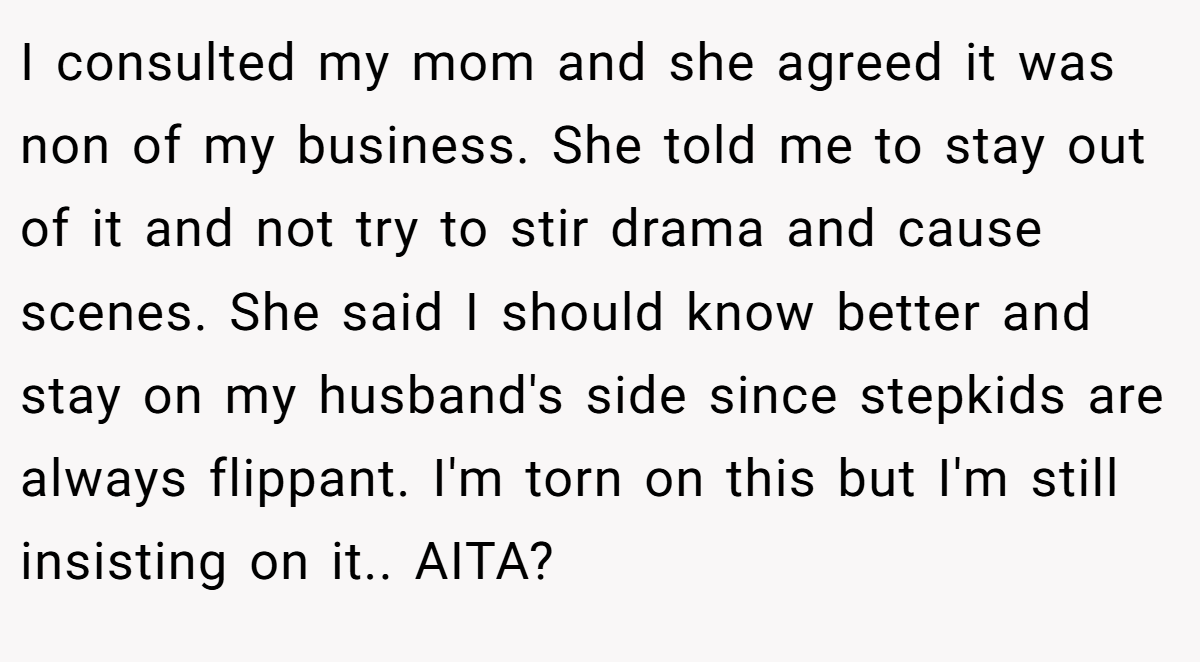 I consulted my mom and she agreed it was non of my business. She told me to stay out of it and not try to stir drama and cause scenes. She said I should know better and stay on my husband's side since stepkids are always flippant. I'm torn on this but I'm still insisting on it.. AITA?