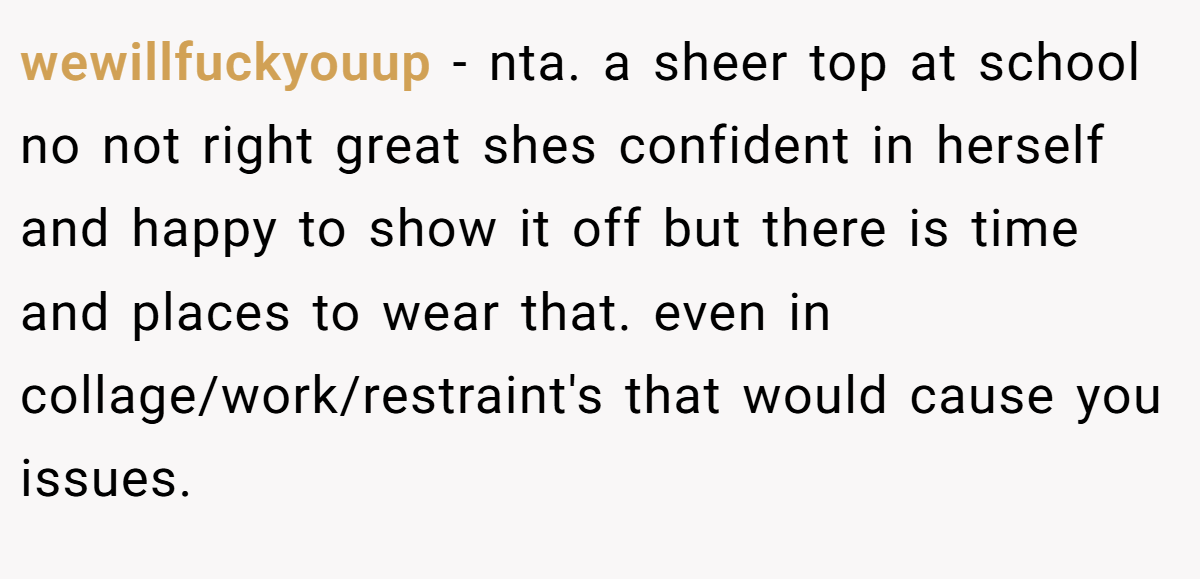 wewillfuckyouup − nta. a sheer top at school no not right great shes confident in herself and happy to show it off but there is time and places to wear that. even in collage/work/restraint's that would cause you issues.
