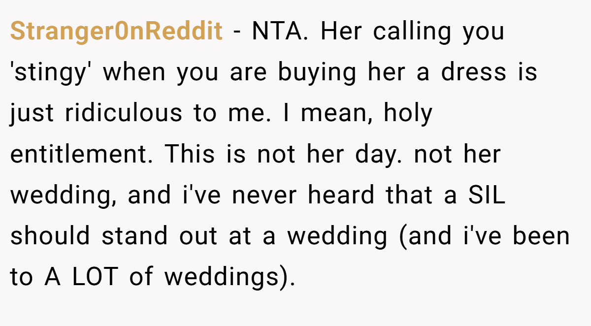 Stranger0nReddit - NTA. Her calling you 'stingy' when you are buying her a dress is just ridiculous to me. I mean, holy entitlement. This is not her day. not her wedding, and i've never heard that a SIL should stand out at a wedding (and i've been to A LOT of weddings).