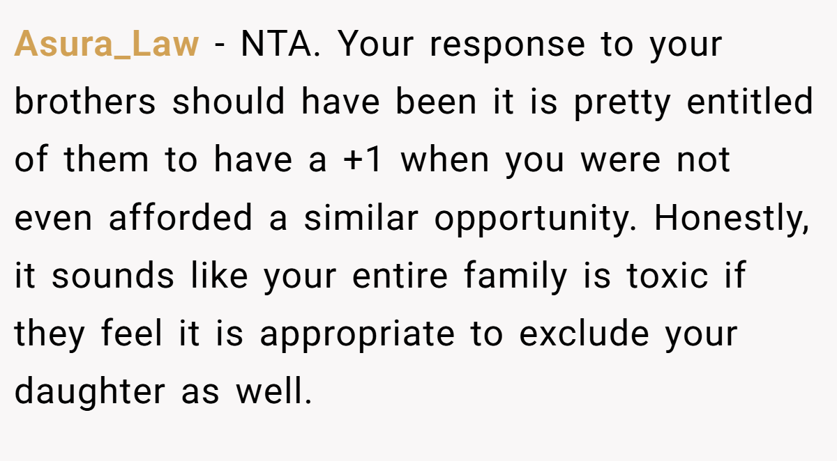 Asura_Law − NTA. Your response to your brothers should have been it is pretty entitled of them to have a +1 when you were not even afforded a similar opportunity. Honestly, it sounds like your entire family is toxic if they feel it is appropriate to exclude your daughter as well.